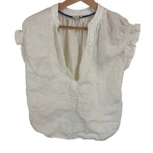 Pilcro White Top 100% Linen Ruffle Cap Sleeve Smocked Back Blouse Small Cottage